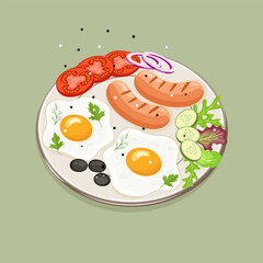 Food concept illustration with fried eggs, tomatoes, olives, cucumber and sausages on the plate. Healthy food breakfast artwork. Stock vector.
