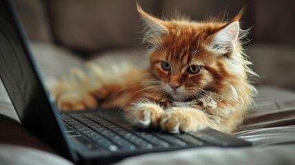 chat concentré et captivé devant un ordinateur