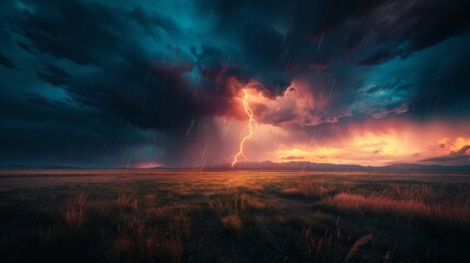 Dramatic storm clouds over a vast plain with intense lightning strike