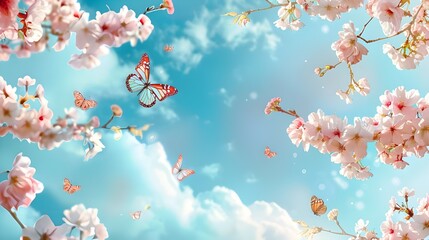 pring banner, branches of blossoming cherry against background of blue sky and butterflies on nature outdoors. Pink sakura flowers, dreamy romantic image spring, landscape panorama, copy space.