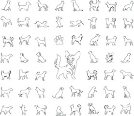 Dog line art collection, various breeds in playful poses. Perfect dog vector set for pet lovers, art projects, dog themed content. Minimalist, expressive illustrations of man’s best friend