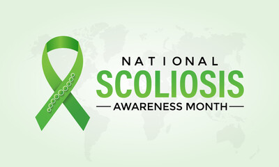 Vector illustration on the theme of National Scoliosis awareness month observed each year in June. Green ribbon with human body design illustration. Banner poster, flyer and background design.
