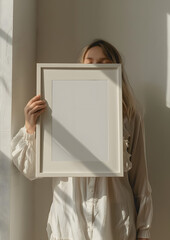 woman holding a frame, white frame