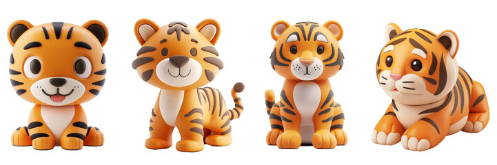 PNG tiger 3d icons and objects collection, in cartoon style minimal on transparent, white background, isolate