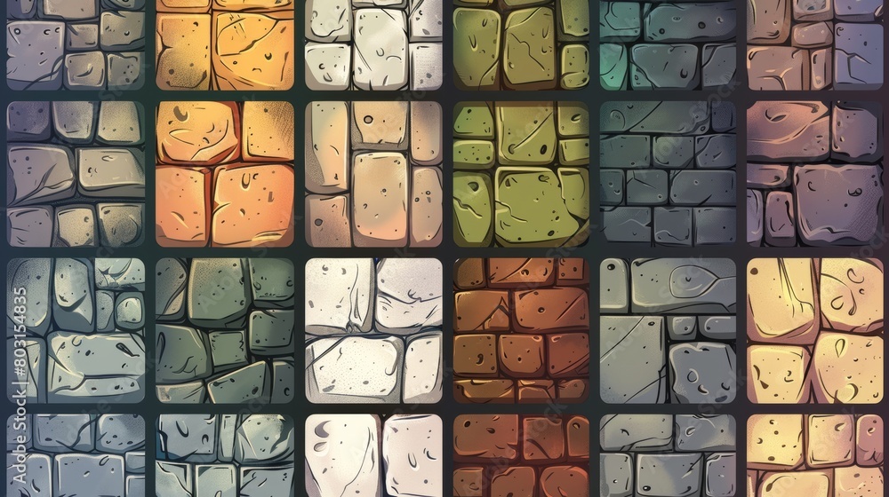 Poster floor and wall textures with cobblestones and granite blocks for game backgrounds. modern cartoon se