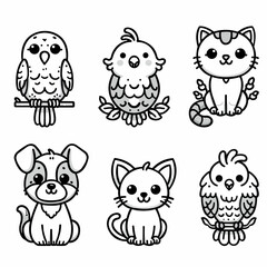 Obraz premium cute line art pet icons – cat, dog and parrot characters 