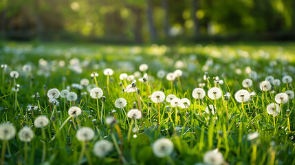 Fototapeta premium White dandelion flowers on a green meadow in the sunlight
