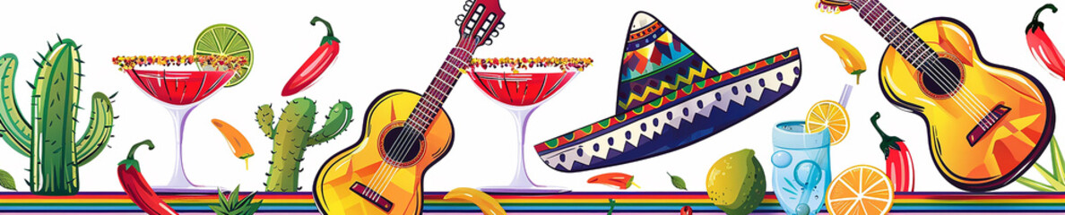 Cinco de Mayo,Mexican colorful summer fiesta party,sombrero hat,maracas margarita cocktail,table colorful Mexican decorations. With the exotic beach "Cinco de Mayo" as a backdrop,mexican banner.