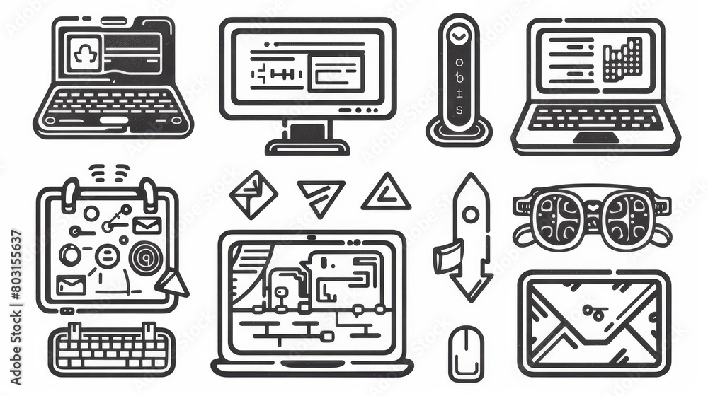 Aufkleber computer with code on screen, algorithm scheme, mobile phone, microcircuit chip, laptop, keyboard, d