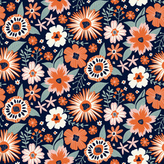 Floral Seamless Pattern in Contemporary Flat Style six colors orange, green, white, pink, navy blue. Repeat Wallpaper Print Texture. Perfectly for Wrapping Paper, Textile, Fabric, Decor Ornament.