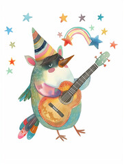 A watercolor illustration of a happy cartoon owl in a rainbow party hat playing the guitar and singing with stars and a rainbow in the background.