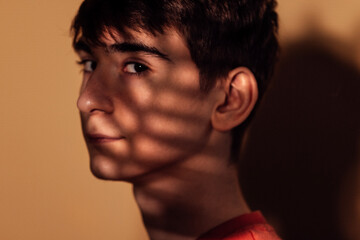 Close-up portrait of a male thoughtful teenager in warm indoor light. A pensive young man in...
