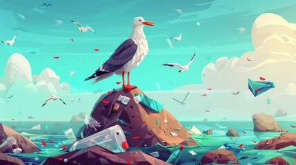 A cartoon illustration of nature pollution and wild animals surrounded by plastic garbage. Unhappy bird with plastic garbage on its neck. Gull sitting on a rock in the ocean, trapped in garbage