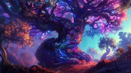 Surreal landscape with vibrant, swirling tree and magical forest ambiance