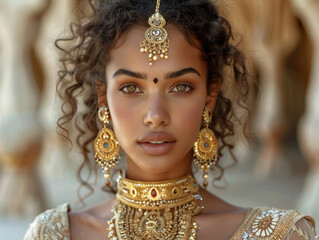 A photo of a beautiful Indian woman wearing a traditional gold necklace and earrings.