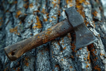 Fototapeta premium A weathered axe clinging to a tree, portraying a sense of survival and the rawness of nature