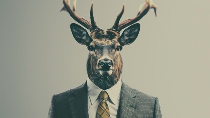 Deer head businessman dressed with tie portrait - obrazy, fototapety, plakaty