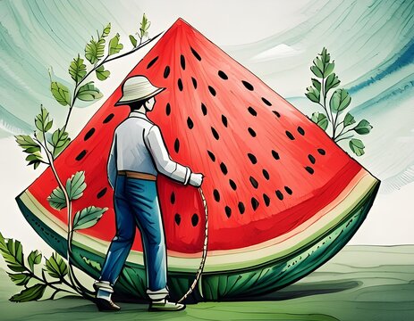 National Watermelon Day 3rd August, Man tries to fasten a gigantic piece of watermelon with rope, monstrous fruit