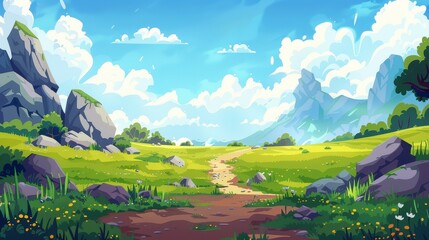 Green plain or field with dirt road, grass and rocks under blue sky with fluffy clouds, idyllic countryside scene, natural tranquil scenario, modern illustration.