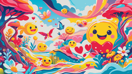 Fototapeta premium Vibrant Cartoon Landscape with Smiling Suns and Playful Nature World Emoji Day