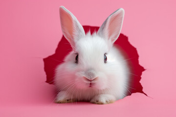 White bunny peaking from a hole in a pink monochromatic background. Generative AI