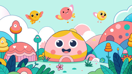 Colorful Cartoon Landscape with Cute Characters and Whimsical Nature World Emoji Day