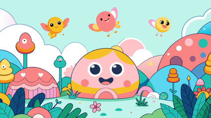 Fototapeta premium Colorful Cartoon Landscape with Cute Characters and Whimsical Nature World Emoji Day