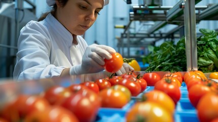 Food processing plant worker sorts tomatoes on a conveyor belt