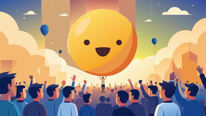 Vibrant City Festival with Giant Smiling Balloon and Happy Crowd World Emoji Day