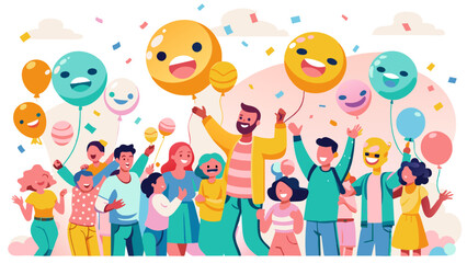 Joyful People Celebrating with Colorful Emoji Balloons World Emoji Day