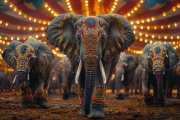 An ornately dressed circus elephant leads a procession in a festively adorned circus arena