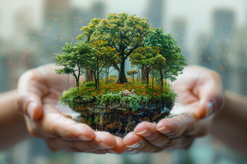 A hand holding a tree in a small garden. The tree is surrounded by other trees and flowers. Concept of peace and tranquility, as if the person holding the tree is nurturing and protecting it