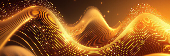Nahaufnahme dynamisch bewegte Wellen Linien Gitter technische Daten Schwingung als 3D Landschaft in leuchtenden gelb gold Licht vor dunklen Hintergrund als Vorlage für Daten Bewegung Design Technik