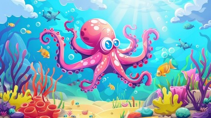 Travel banner with giant cephalopod with suckers on tentacles underwater in tropical sea. Modern landing page of exotic journey with cartoon illustration of ocean bottom with octopus underwater in