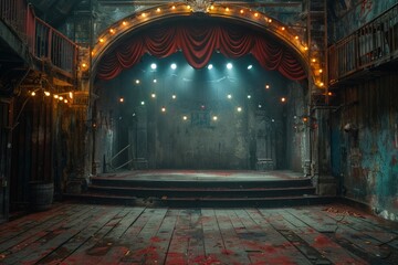 A moody, atmospheric shot of an empty, abandoned theater stage with striking red curtains and vintage charm