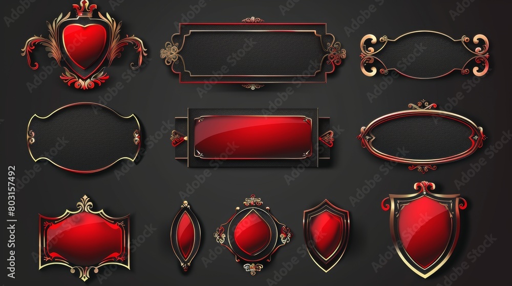 Poster a collection of medieval game menu interface badges, red ui frames, banners, and gui elements. butto