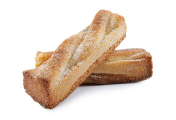 Two delicious rectangular cookies isolated on a white background. The cookies are placed crosswise.