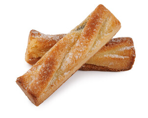 Two delicious rectangular cookies isolated on a white background. The cookies are placed crosswise.