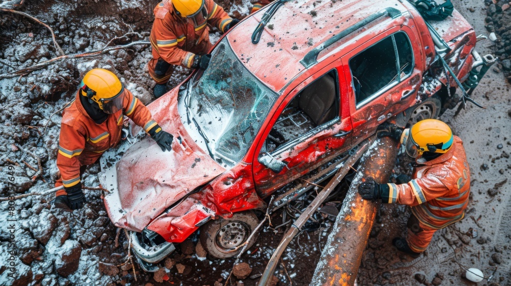 Poster create an overhead perspective of a collision involving a car and a roadside utility pole, with emer