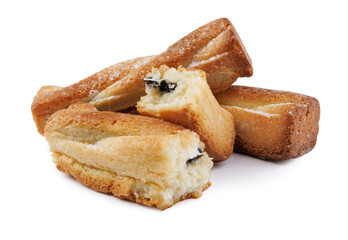 A couple of whole and one crumbled cookies isolated on a white background.