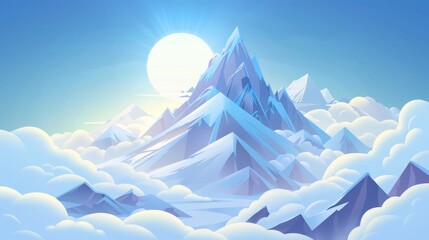 Mountain summit winter scene with snow and ice. Cartoon illustration of rock range peak above white soft clouds and bright sun in blue sky.