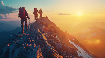 Sunset March: Determined Hikers Navigating a Rocky Trail Against a Spectacular Sunset.