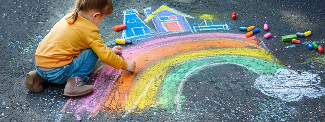 The child draws a house and a rainbow on the asphalt with chalk. Selective focus. Generative AI,