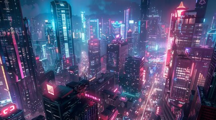 Futuristic Cityscape Illuminated by Neon Lights in a Digital Metropolis