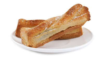 Several delicious crispy cookies lying on a white plate isolated on a white background.