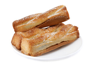 Several delicious crispy cookies lying on a white plate isolated on a white background.