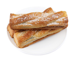 Several delicious crispy cookies lying on a white plate isolated on a white background.