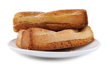Several delicious crispy cookies lying on a white plate isolated on a white background.