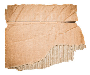 Isolated cut out torn piece of blank brown paper note corrugated cardboard with texture and copy space for text on white or transparent background
