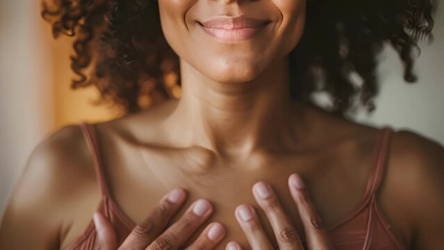A woman practicing deep belly breathing to activate the vagus nerve and improve heart rate variability. .